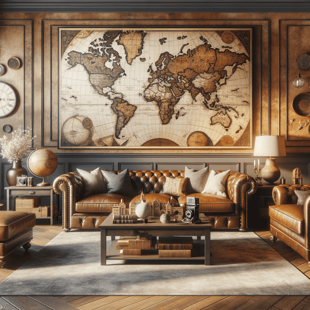 A vintage styled study room with leather sofas, a large world map on the wall, wooden globes, and various old-fashioned decor items.