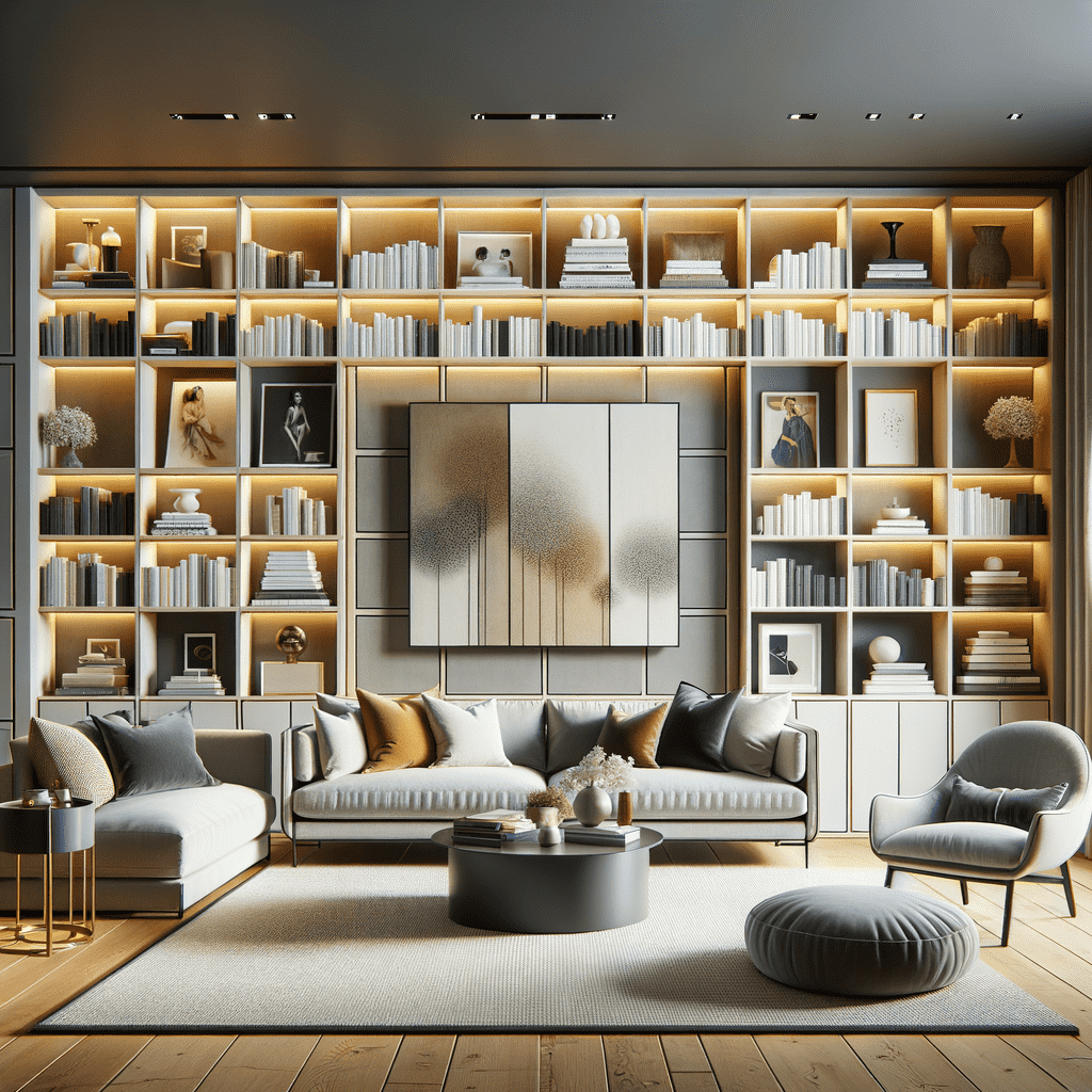 An elegant living room with a large built-in bookshelf filled with books and decorative objects, modern sofas, and a central round coffee table. Warm lighting accentuates a cozy atmosphere.