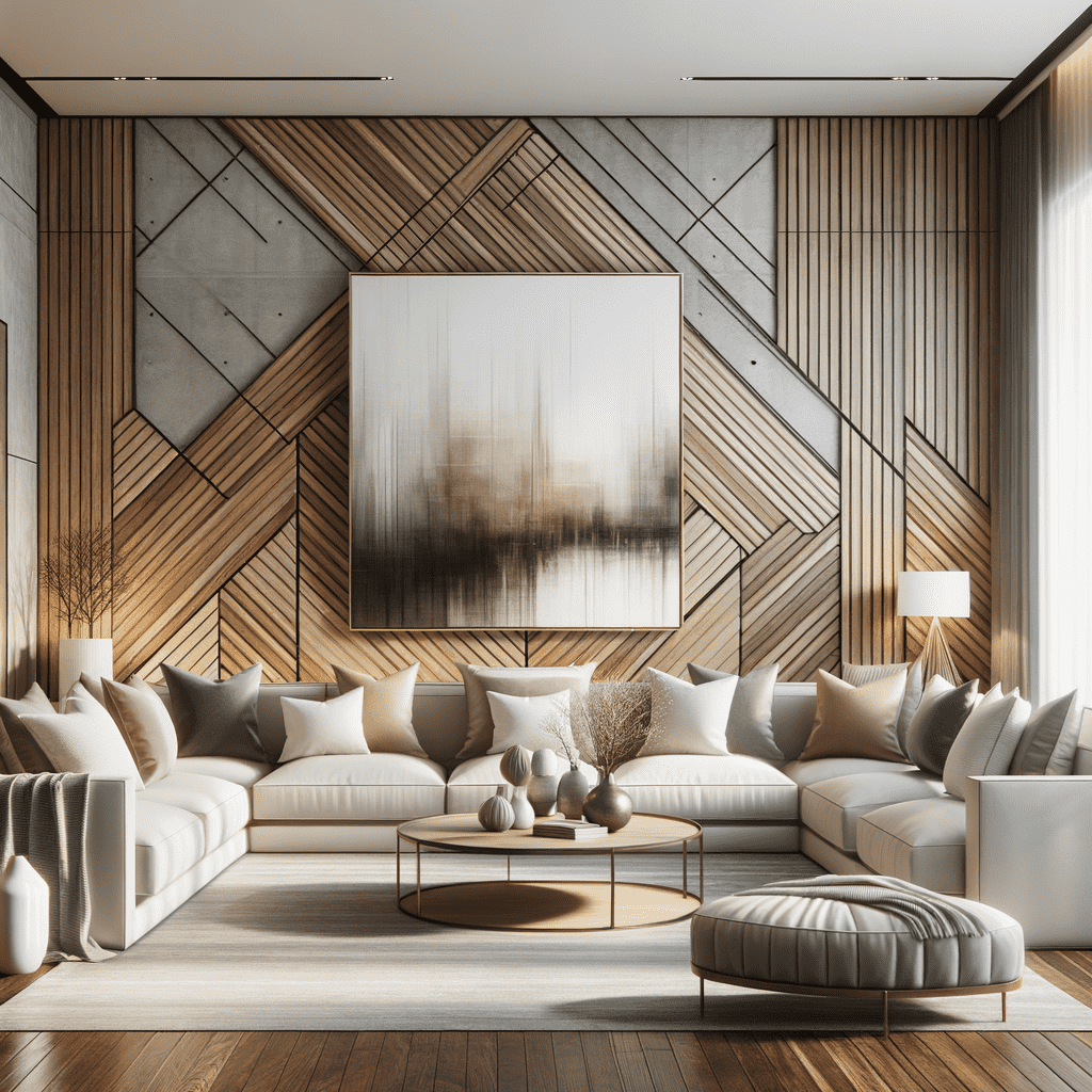 Modern living room interior with herringbone wood paneling, abstract artwork, and plush beige seating.