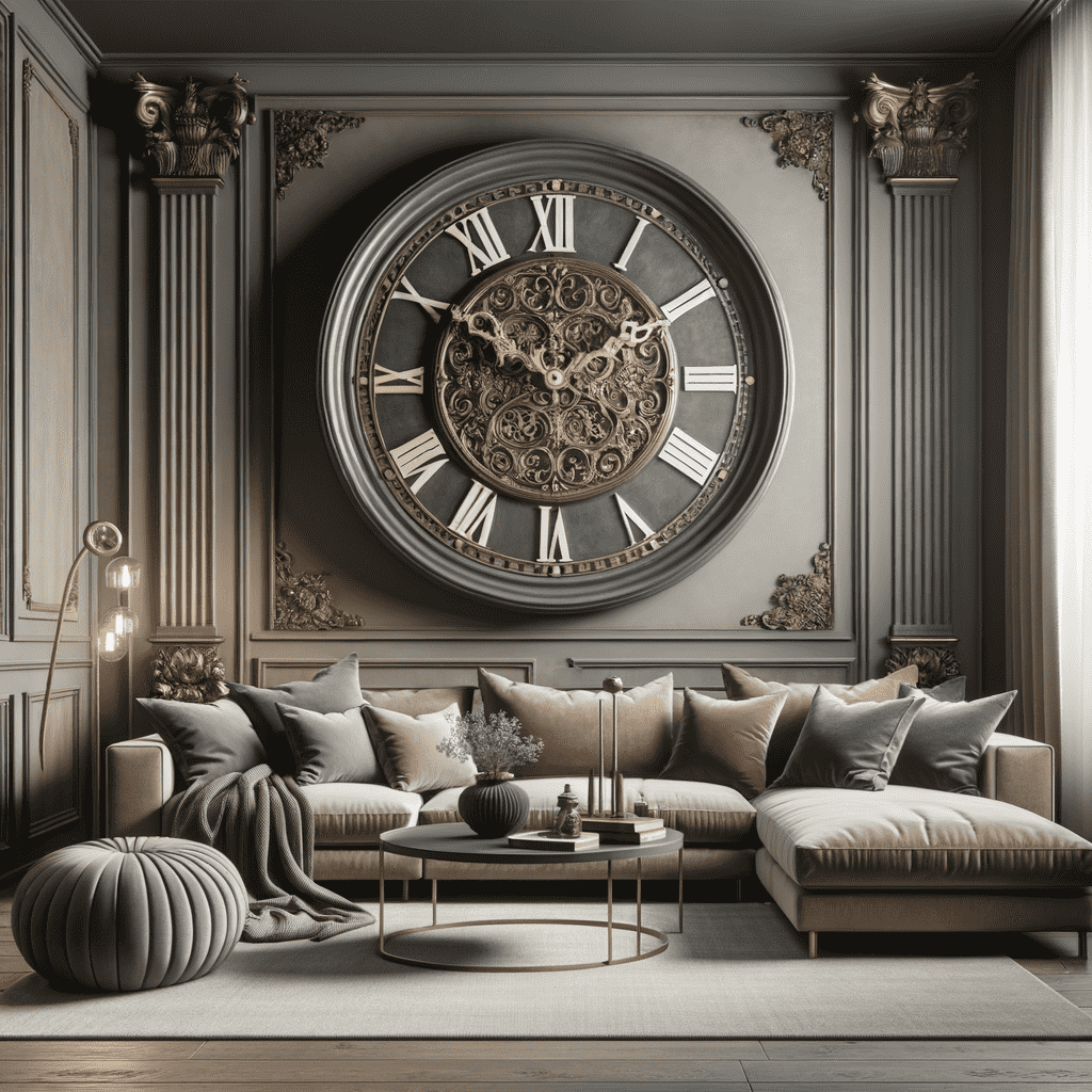 Elegant classic living room with large ornate wall clock, plush sofas, and decorative molding.
