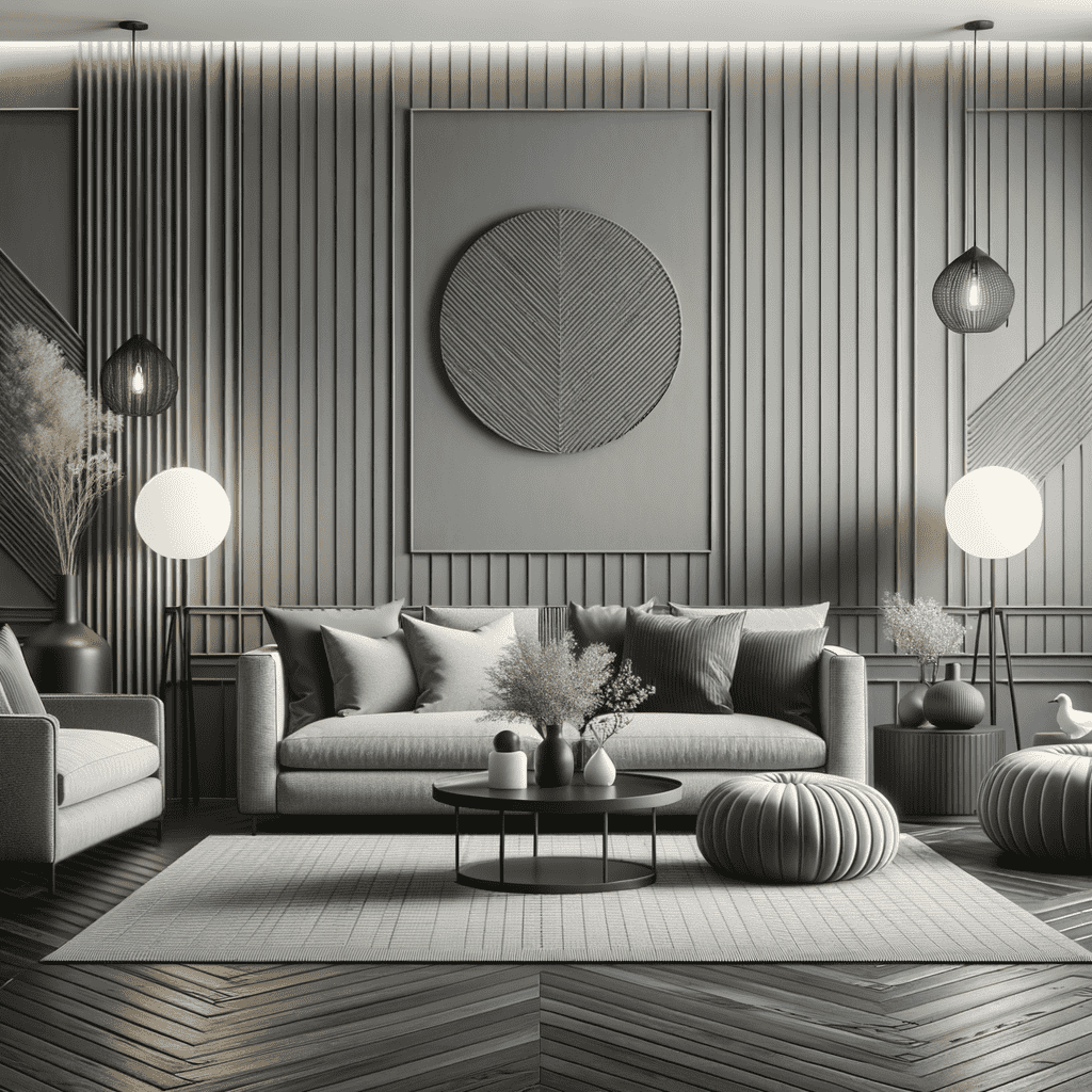 A modern monochrome living room with textured walls, minimalist furniture, and stylish lighting fixtures.