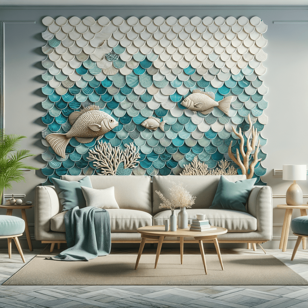 An elegant living room with coastal decor featuring a wall adorned with overlapping fish scale tiles that transition from cream to shades of blue, with sculptural fish and coral for a three-dimensional underwater scene. A beige sofa with teal and neutral cushions, a throw blanket, wooden coffee table, side table, and contemporary lamps complete the serene setting.