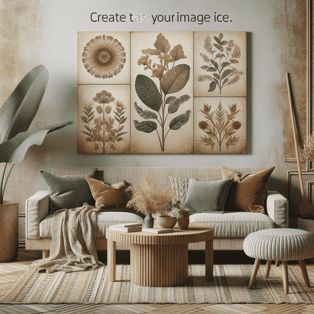 Cozy living room interior with botanical art on the wall, beige sofa with green and brown pillows, round wooden coffee table, and textured rug.