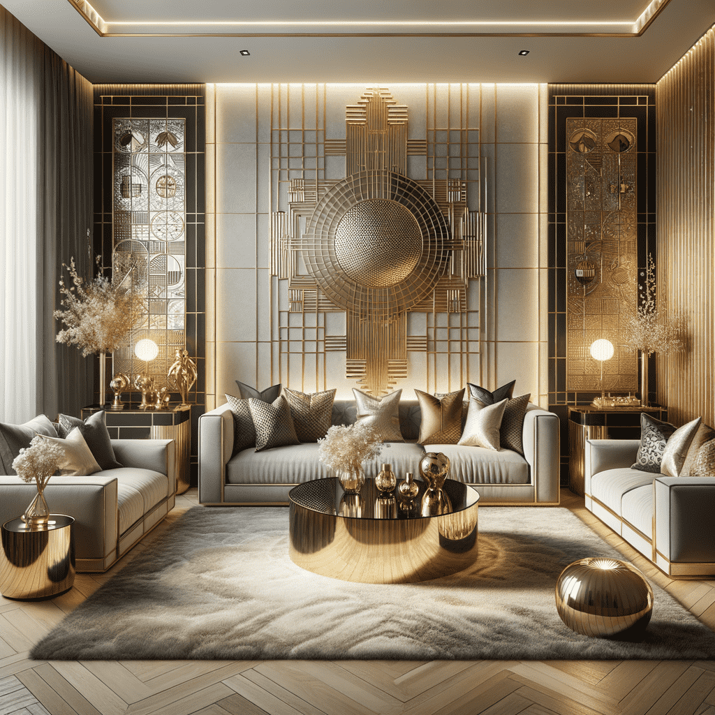An opulent living room with Art Deco design, featuring golden decorative elements, plush sofas with accent pillows, and round metallic coffee tables on a soft area rug.