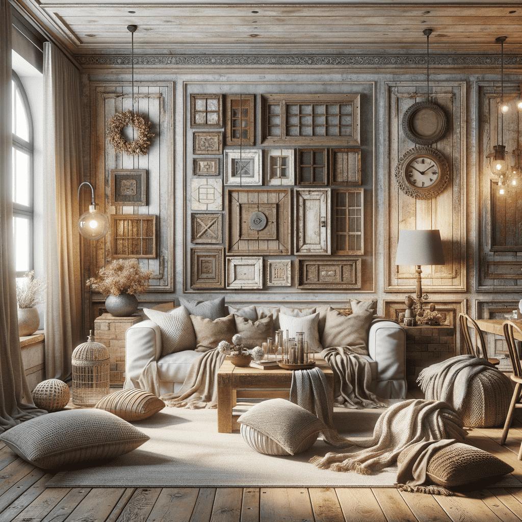 A cozy rustic living room with weathered wood paneling, various wooden picture frames on the wall, comfortable seating with neutral cushions, a wall clock, and decorative items, bathed in warm sunlight from a window.