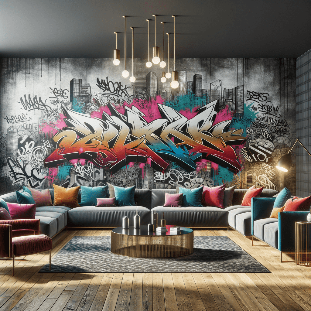 A modern living room with stylish sofas and colorful cushions, featuring a bold graffiti art wall mural, chic hanging pendant lights, and a metal round coffee table on a wooden floor.