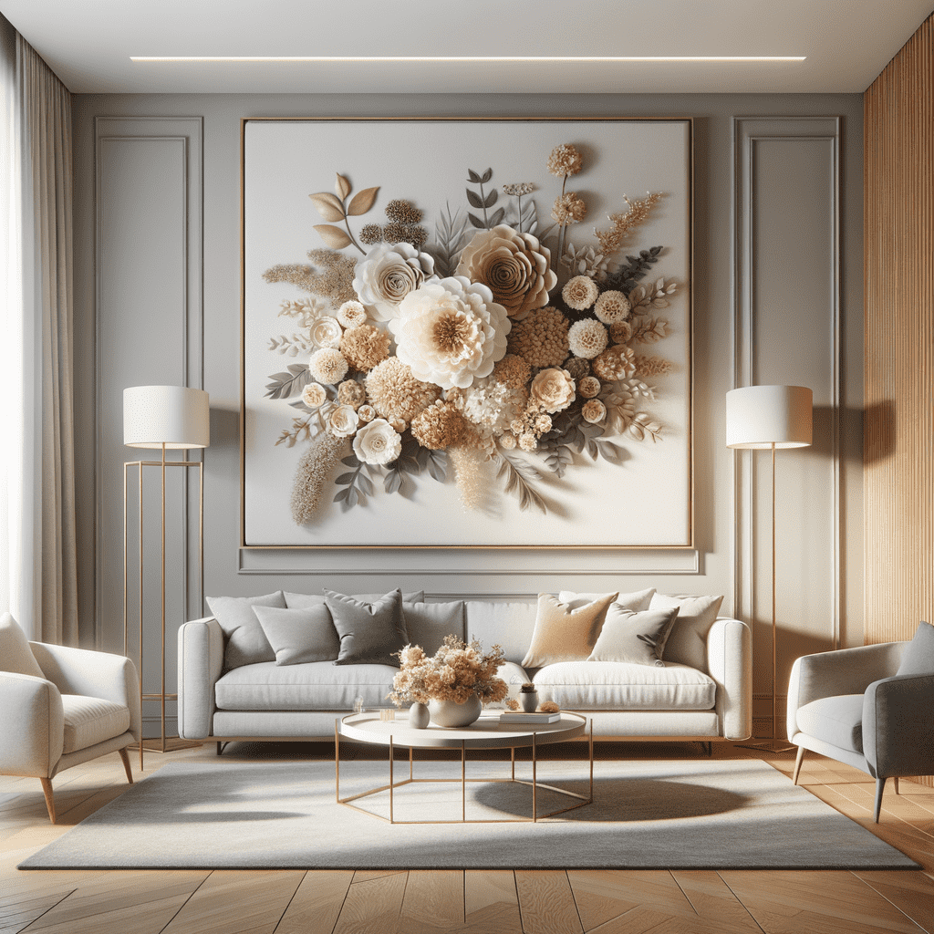 A modern living room with a large 3D floral art piece above a gray sofa flanked by two armchairs, with a glass-top coffee table in the center and elegant floor lamps on either side.
