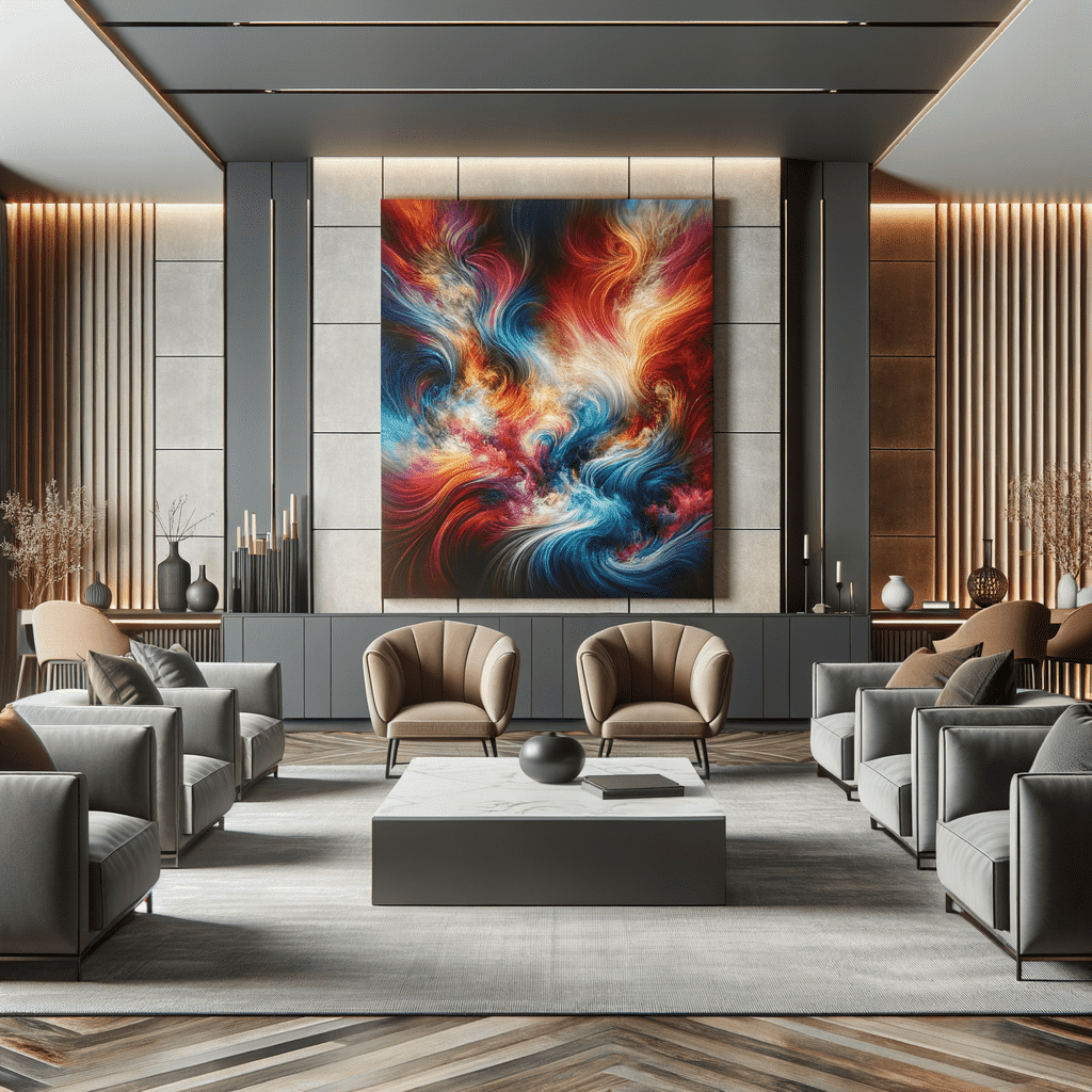 A modern living room with luxurious furniture, including armchairs and a sofa, centered around a low coffee table, with a vibrant abstract painting hanging on the wall. The room features a mix of wood, metal, and soft textiles, creating a warm yet contemporary atmosphere.