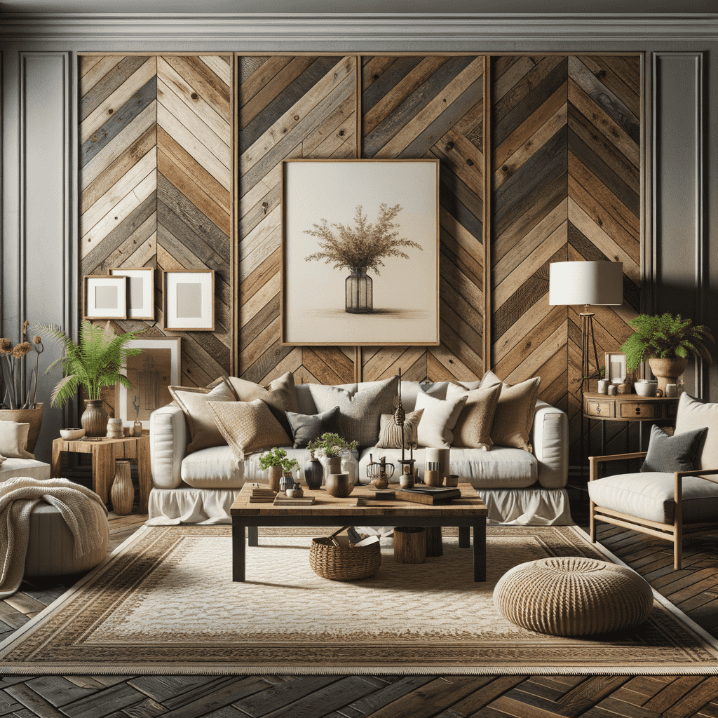 A cozy living room interior with herringbone wood paneling, a white sofa with assorted pillows, armchairs, a wooden coffee table, decorations, and a framed tree artwork above the sofa.