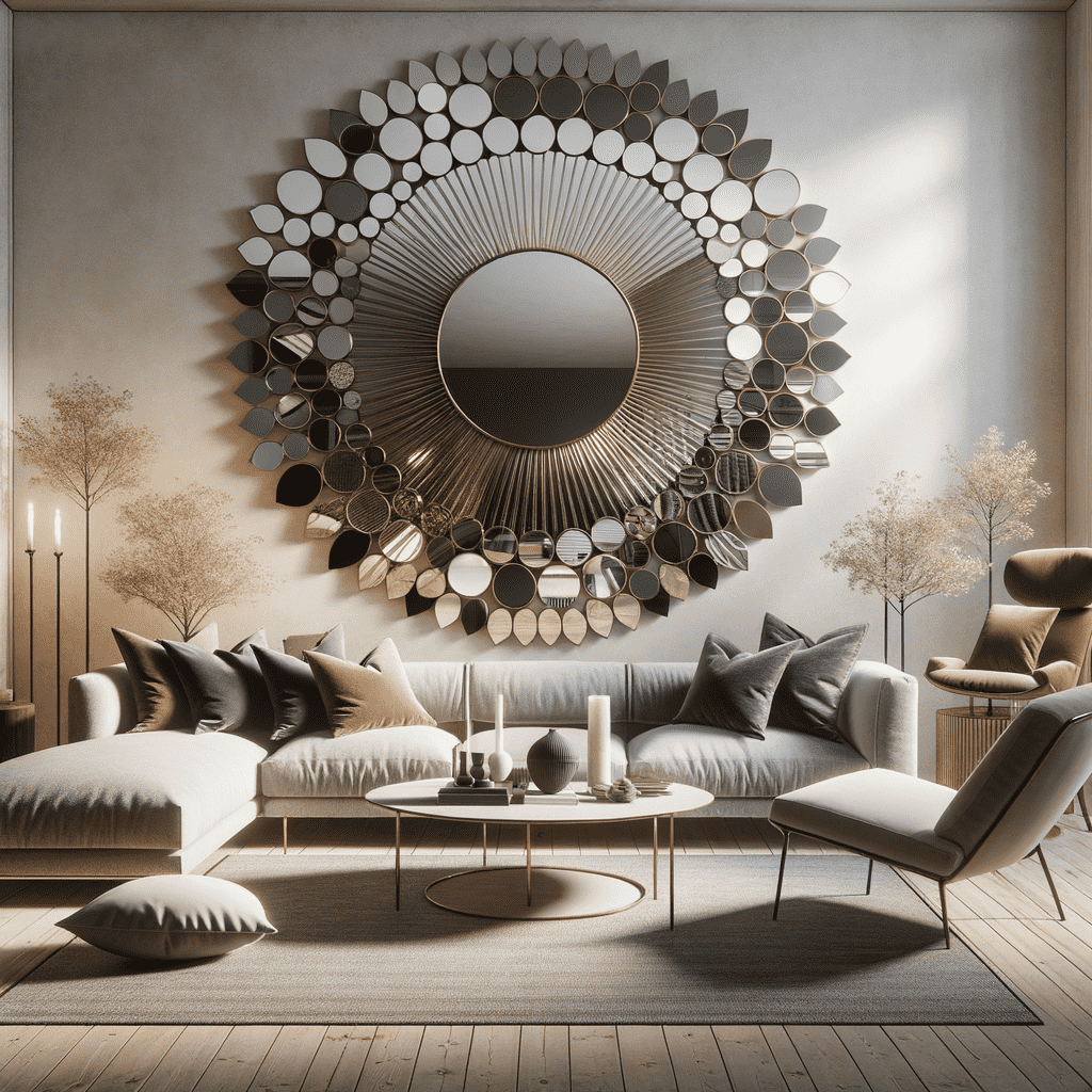 A modern living room with minimalist furniture and a large, decorative circular mirror made up of variously sized mirrored discs on the wall. The room has a neutral color palette and is accented with warm lighting and indoor plants.