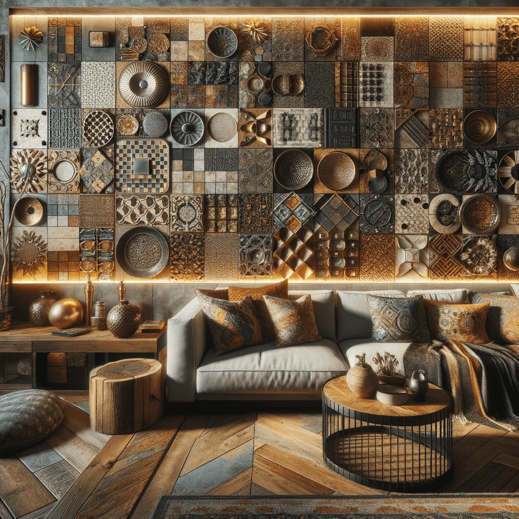 Cozy living room with a modular sofa, decorative pillows, and a unique wall with an array of textured panels in warm tones. The room features a wooden herringbone floor, round coffee table, and ambient lighting that highlights the intricate wall details.
