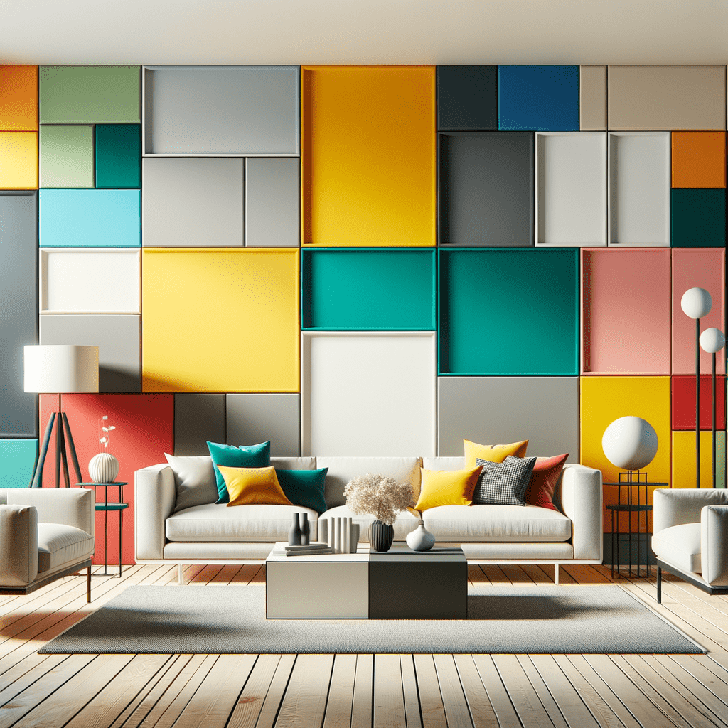 Modern living room with a colorful geometric wall pattern, a white sofa with colorful pillows, and stylish home decor.