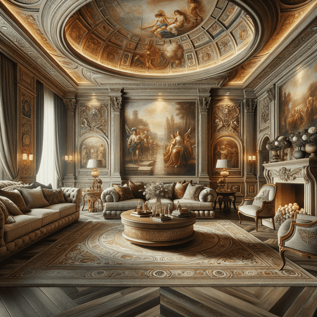 Alt text: A luxurious room with a classic design, featuring an ornate ceiling with a fresco painting, walls adorned with large framed artwork, elegant furniture, detailed wood paneling, and a grand chandelier.