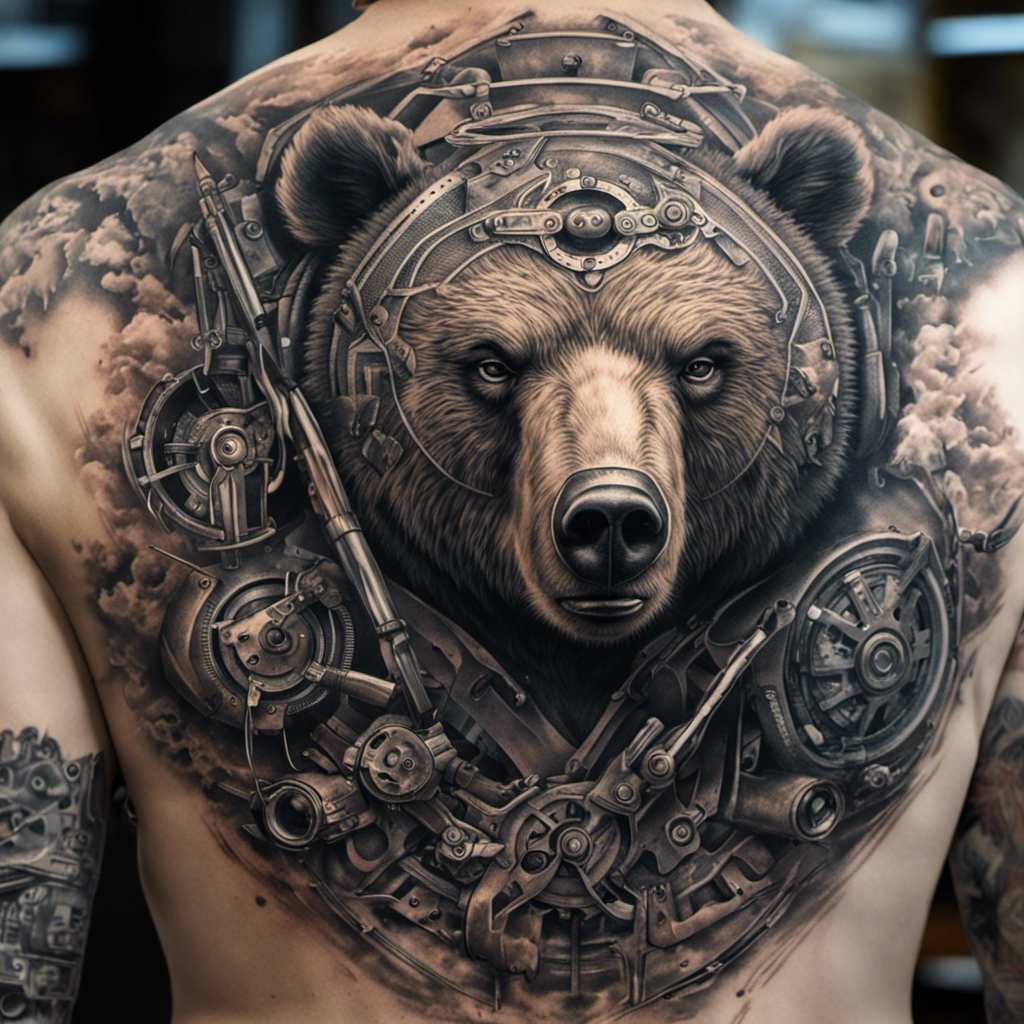 A detailed back tattoo depicting a mechanical bear with steampunk elements on a person's back.