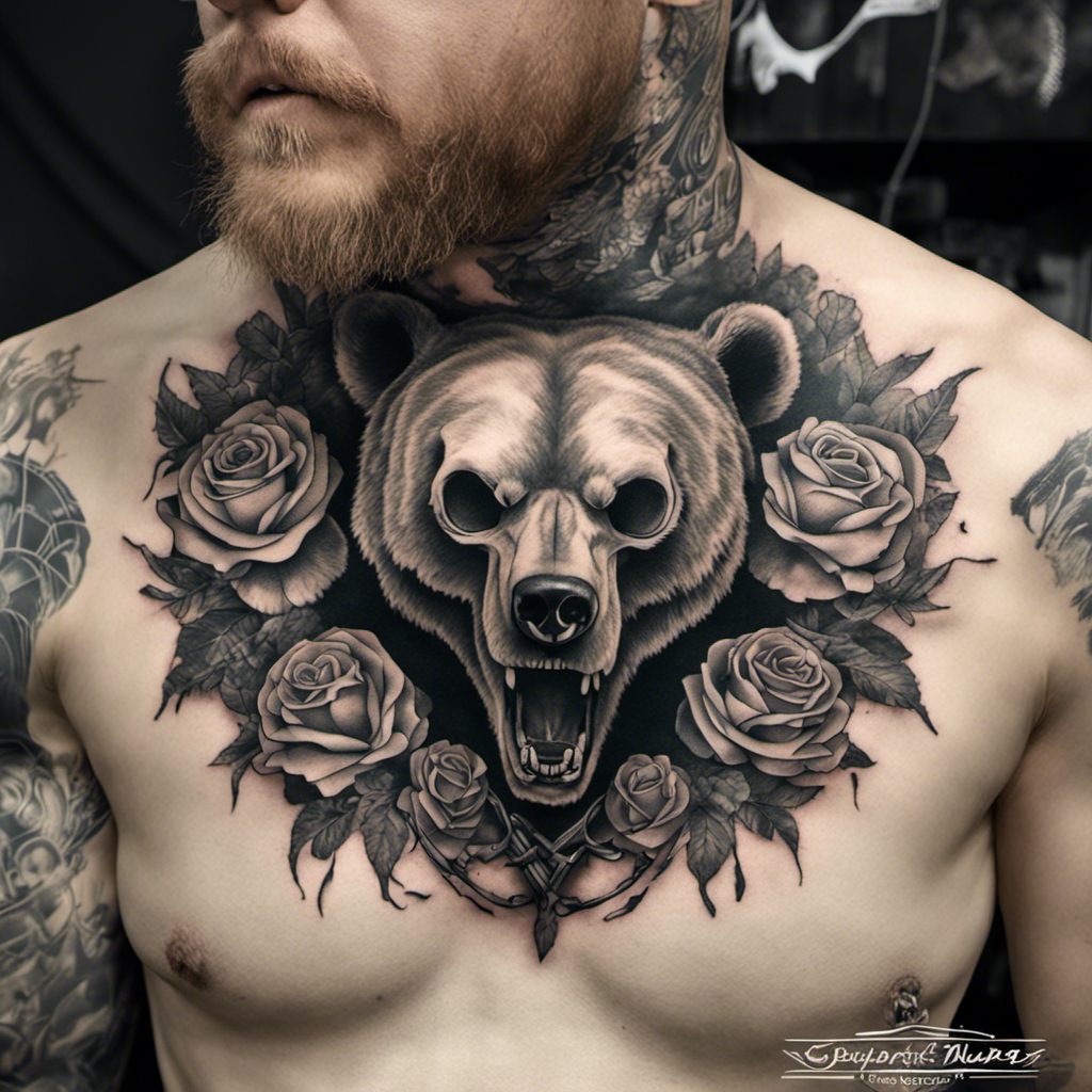 Alt text: A detailed chest tattoo of a bear's head surrounded by roses on a person with a beard. The tattoo features intricate shading and a photorealistic style.