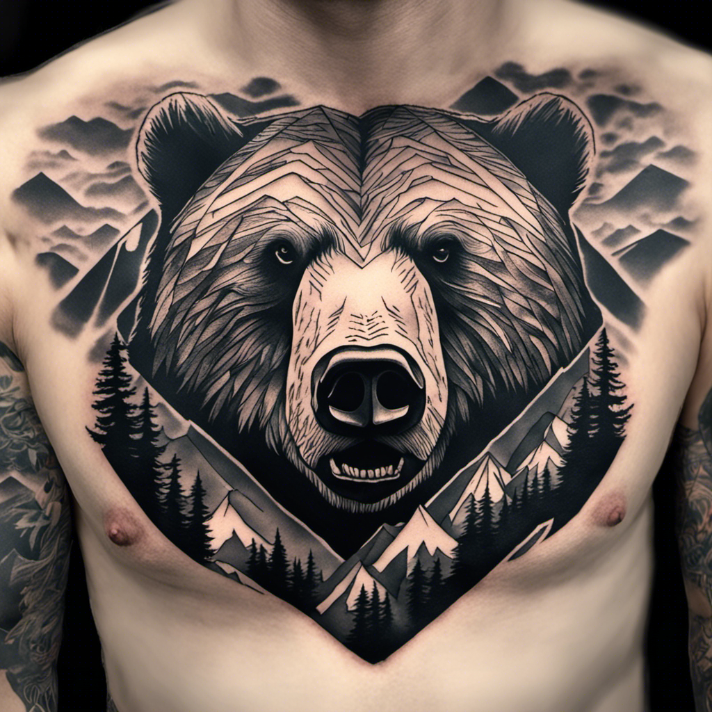 Alt text: A detailed black and gray chest tattoo depicting the face of a bear surrounded by a forest and mountain landscape within a diamond-shaped outline.