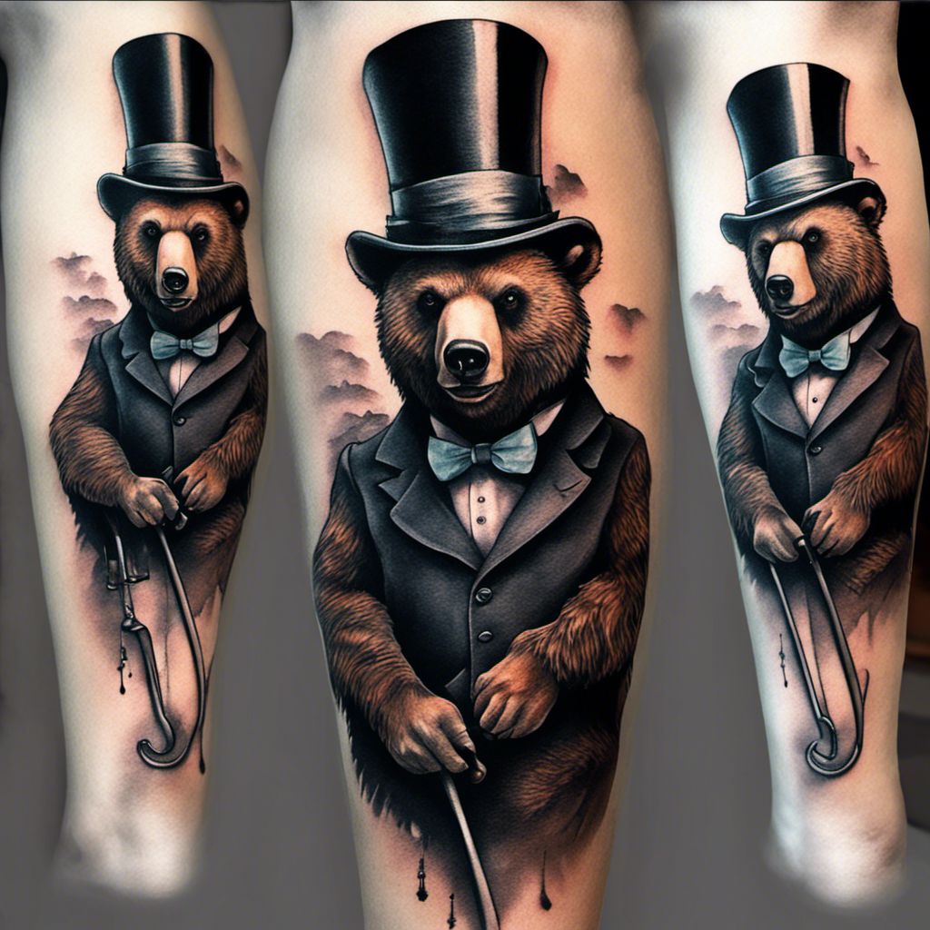 Alt text: A tattoo featuring a triple depiction of a bear dressed in a dapper suit and top hat, with a monocle and cane, displayed on someone's arm.