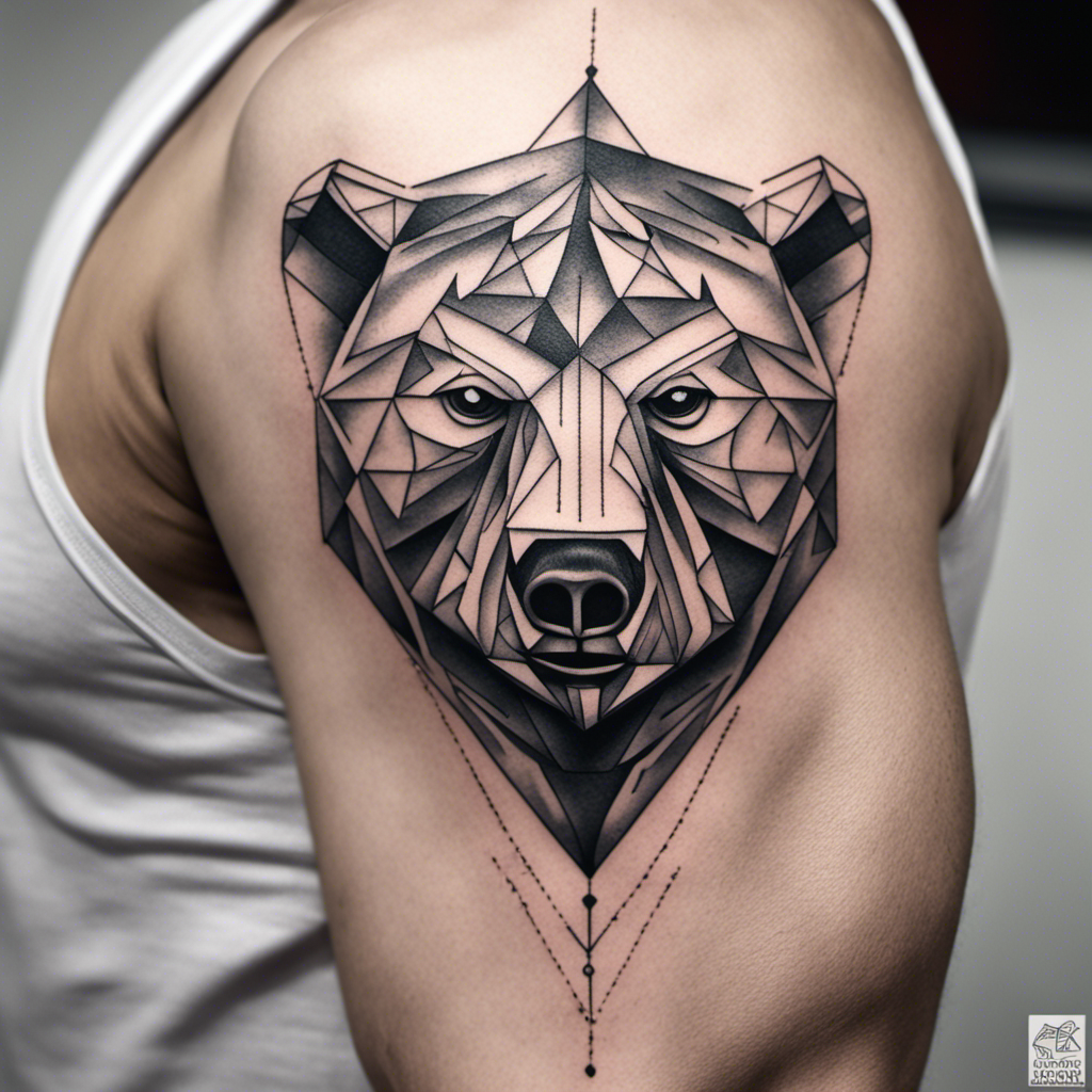 Alt text: A large, detailed geometric bear tattoo on a person's upper arm, with fine lines and shading creating a 3D effect.