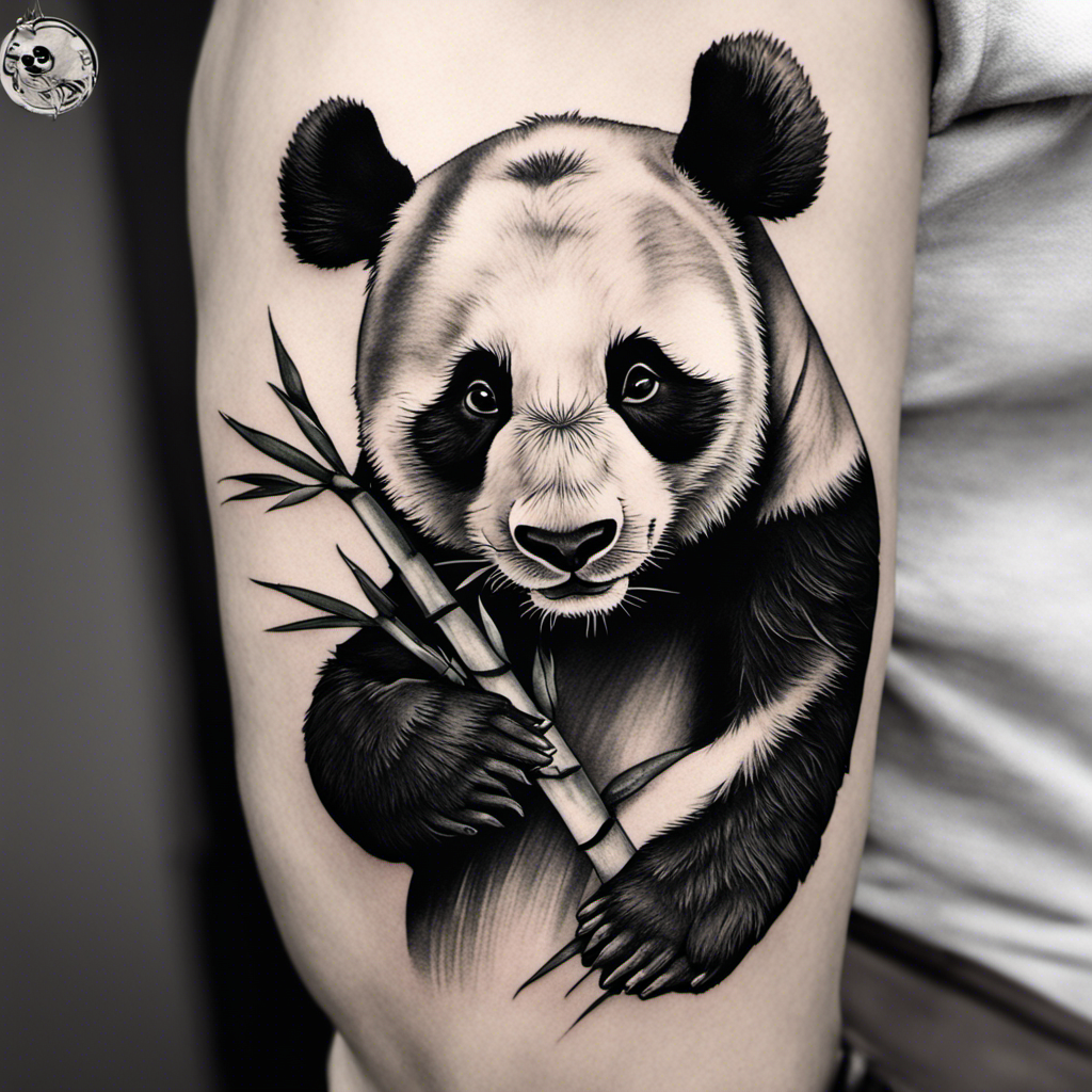 Alt text: A detailed black and white tattoo of a panda holding bamboo on someone's arm.