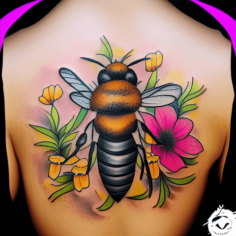 Neotraditional style bumblebee tattoo on the lower leg