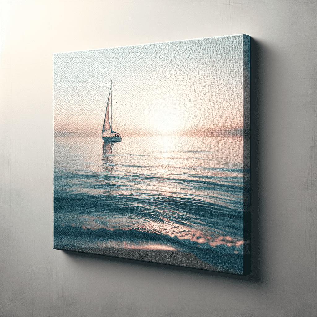 Alt text: A canvas print of a sailboat on calm water at sunrise or sunset, hanging on a wall.