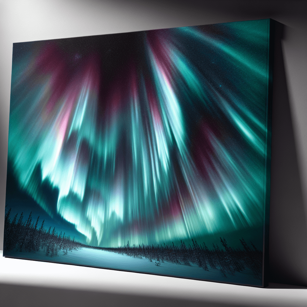 A canvas print of the Northern Lights (Aurora Borealis) on a wall, depicting vibrant green and pink lights dancing across a night sky above a dark forest silhouette.