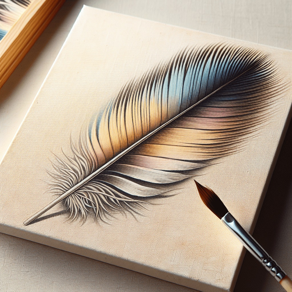 A realistic painting of a feather with intricate details on a canvas, with a paintbrush resting beside it.