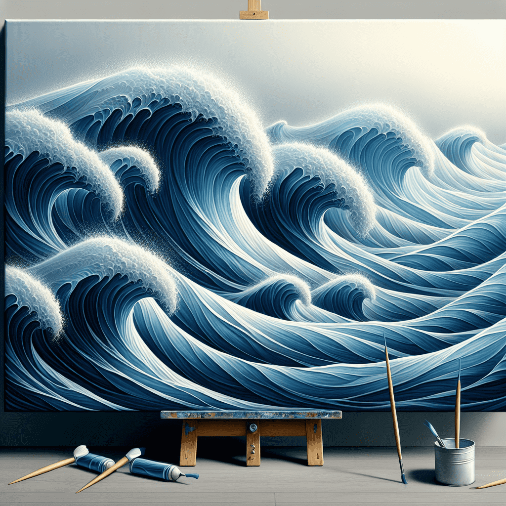 A stylized painting of blue ocean waves on a canvas, with paintbrushes and a paint can on the floor indicating an artist's workspace.