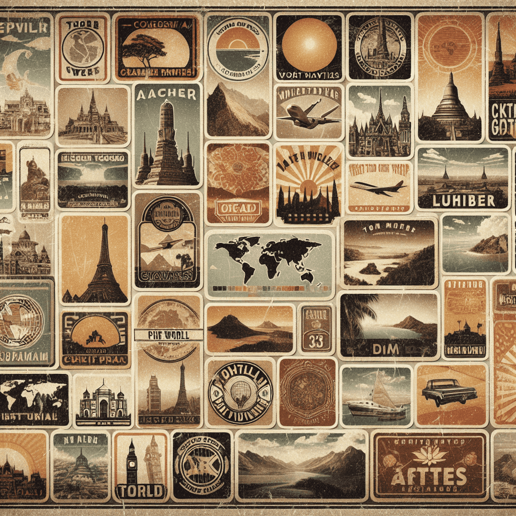 A collage of vintage travel-themed stickers depicting various destinations and symbols from around the world, styled to resemble old luggage labels or postcards with a sepia tone.