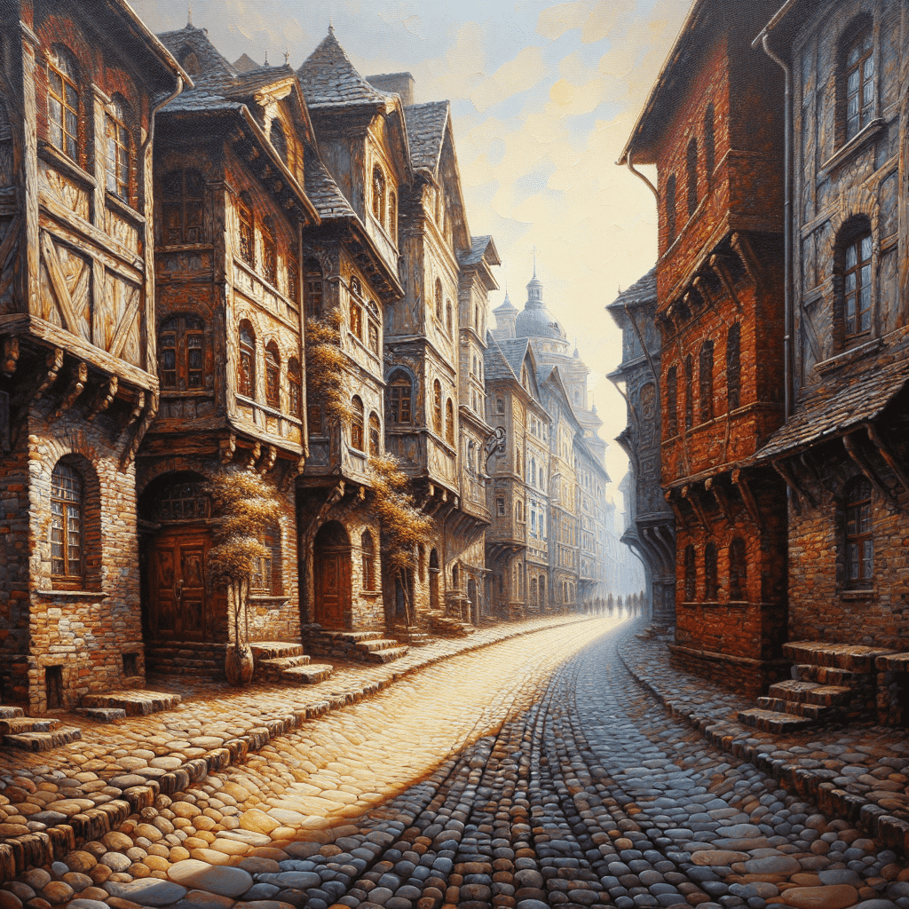 A painting of a quaint cobblestone street lined with old timber-framed buildings, with a warm, soft light suggesting early morning or late afternoon.