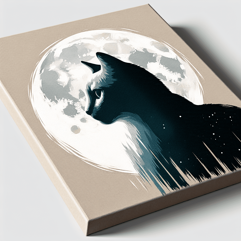 An artistic canvas print of a black and white cat silhouette with the full moon as the backdrop.