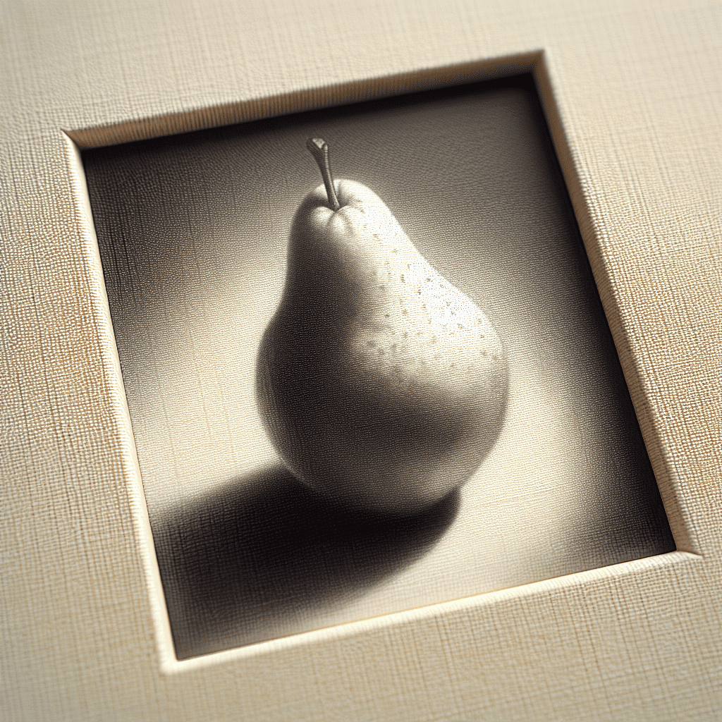 A pear displayed on a textured surface, casting a shadow within a square recessed frame.