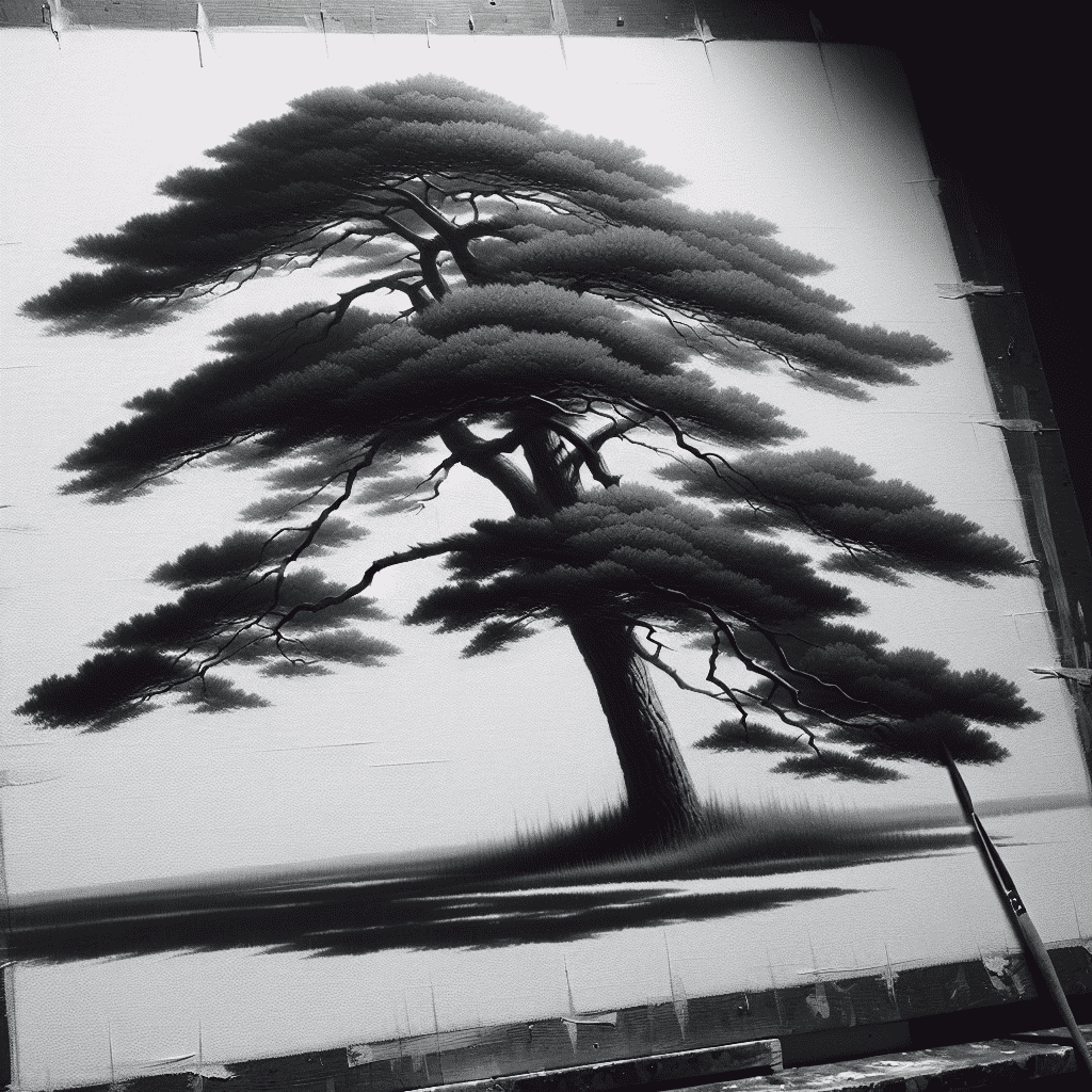 Monochrome image of a detailed painting of a pine tree with a thick trunk and dense canopy, against a blank canvas background with painting tools visible at the bottom edge.