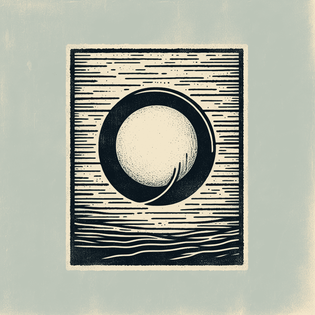Vintage-style graphic illustration of a round celestial body, resembling a moon, at the center of a square frame with horizontal lines creating a textured pattern.