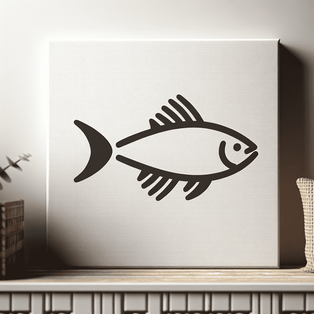 A simplistic black fish illustration on a white canvas displayed on a shelf.