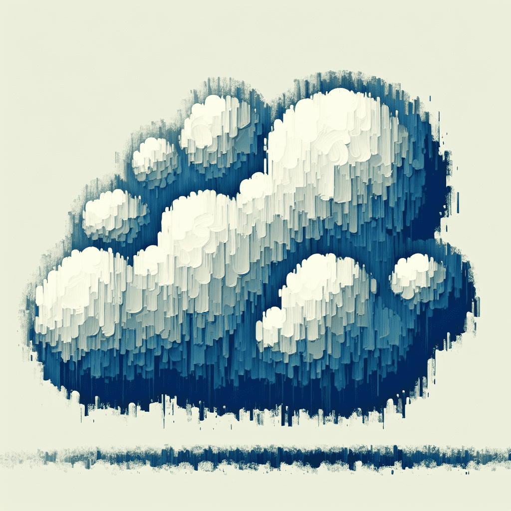 A stylized digital artwork depicting a cloud made of numerous layered shapes creating a 3D effect, with a color gradient from white to dark blue.