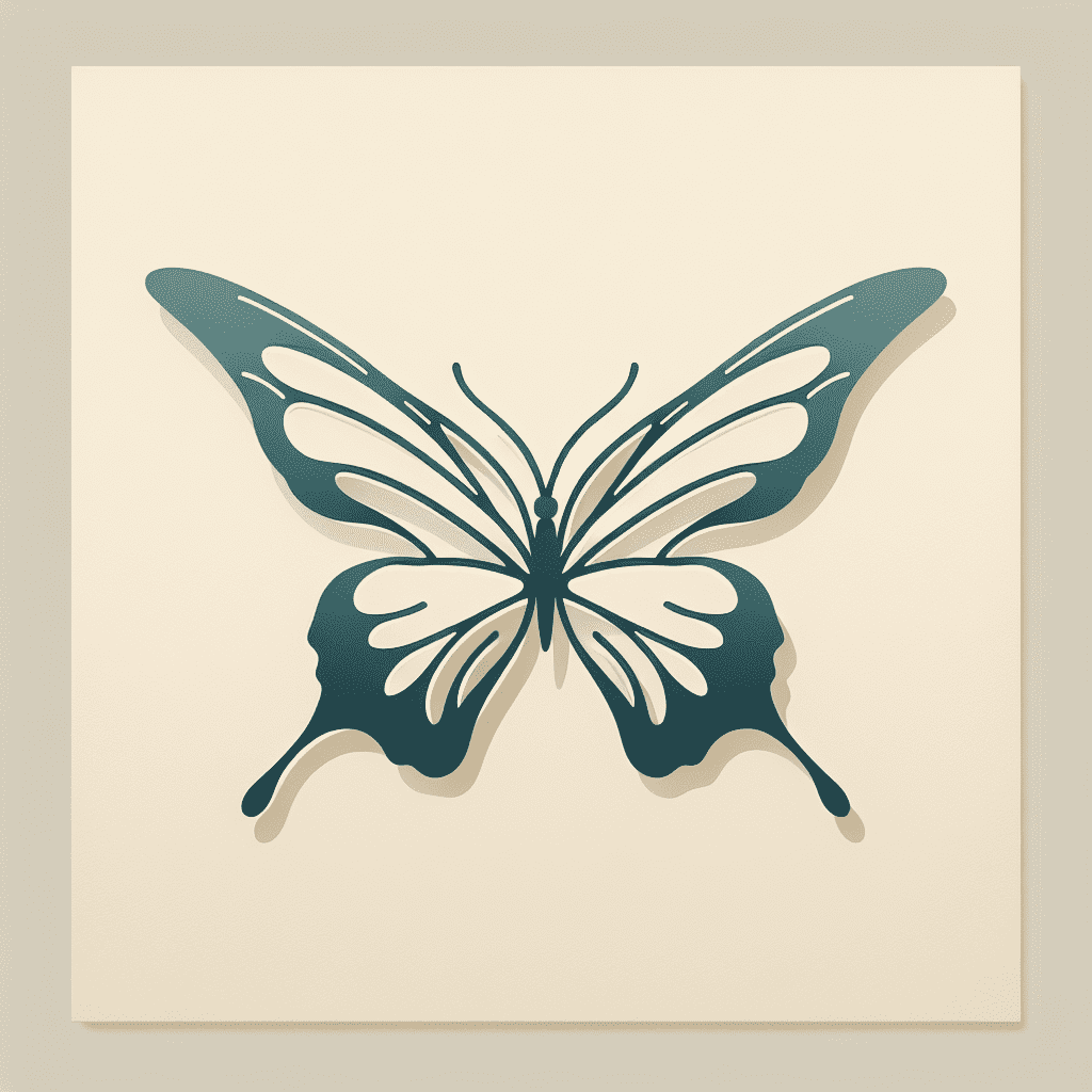 A stylized illustration of a butterfly with symmetrical patterns on its wings, set against a beige background.