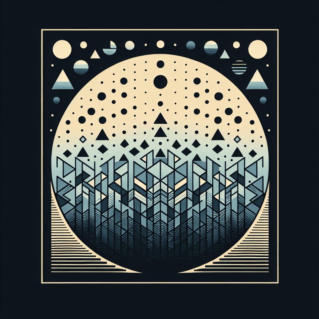 Abstract geometric artwork featuring a stylized sun or moon with a cityscape, triangles, circles, and lines in a black, blue, and cream color scheme.