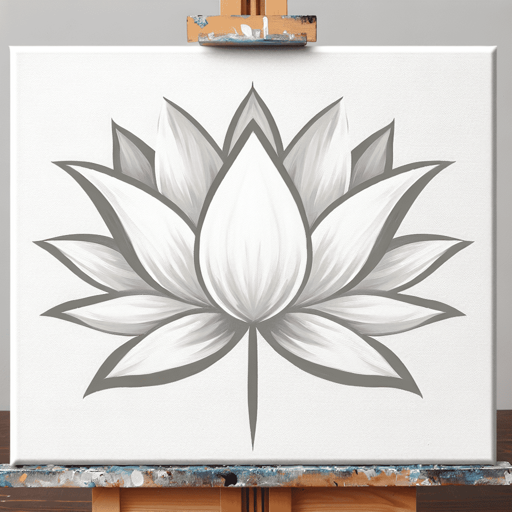 A grayscale painting of a stylized lotus flower on a canvas mounted on an easel.