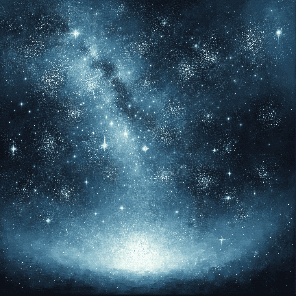 A digital art representation of a starry night sky with clusters of stars and a bright nebula at the center, all set against a deep blue background.