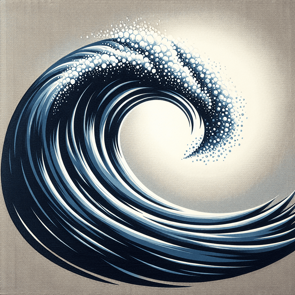 An artistic illustration of a stylized blue wave with foam, reminiscent of the traditional Japanese wave paintings, set against a beige background.