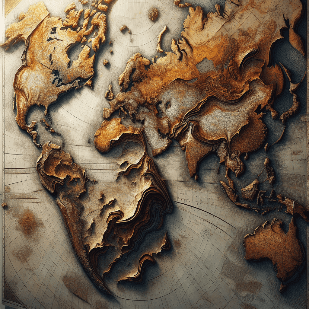 Alt text: A detailed, textured map featuring raised relief contours that give a three-dimensional appearance to the land masses of the world. The continents are depicted in varying shades of brown and gold, suggesting a vintage aesthetic, with the relief creating shadows and highlights that emphasize topography.