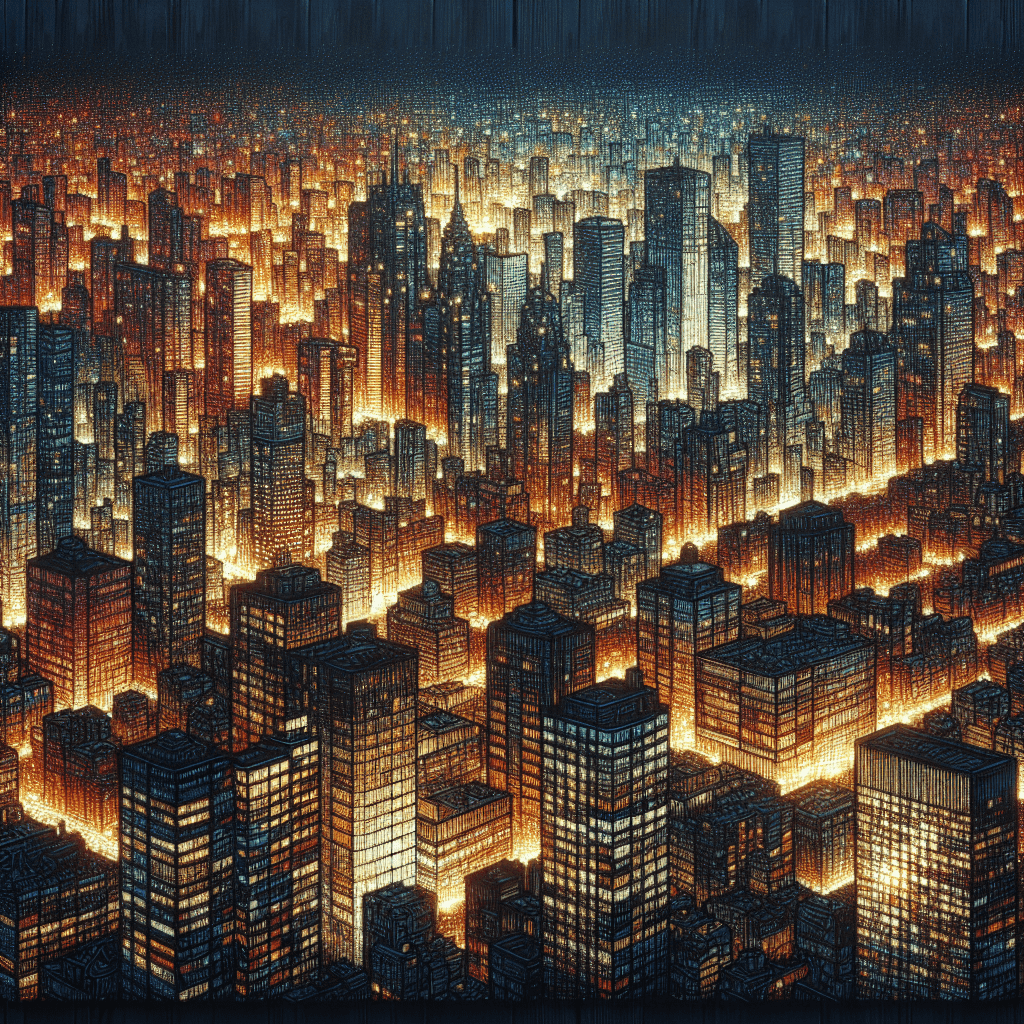 Alt text: A densely packed cityscape at night with many buildings illuminated from within, creating a glowing grid of lights against a dark background.