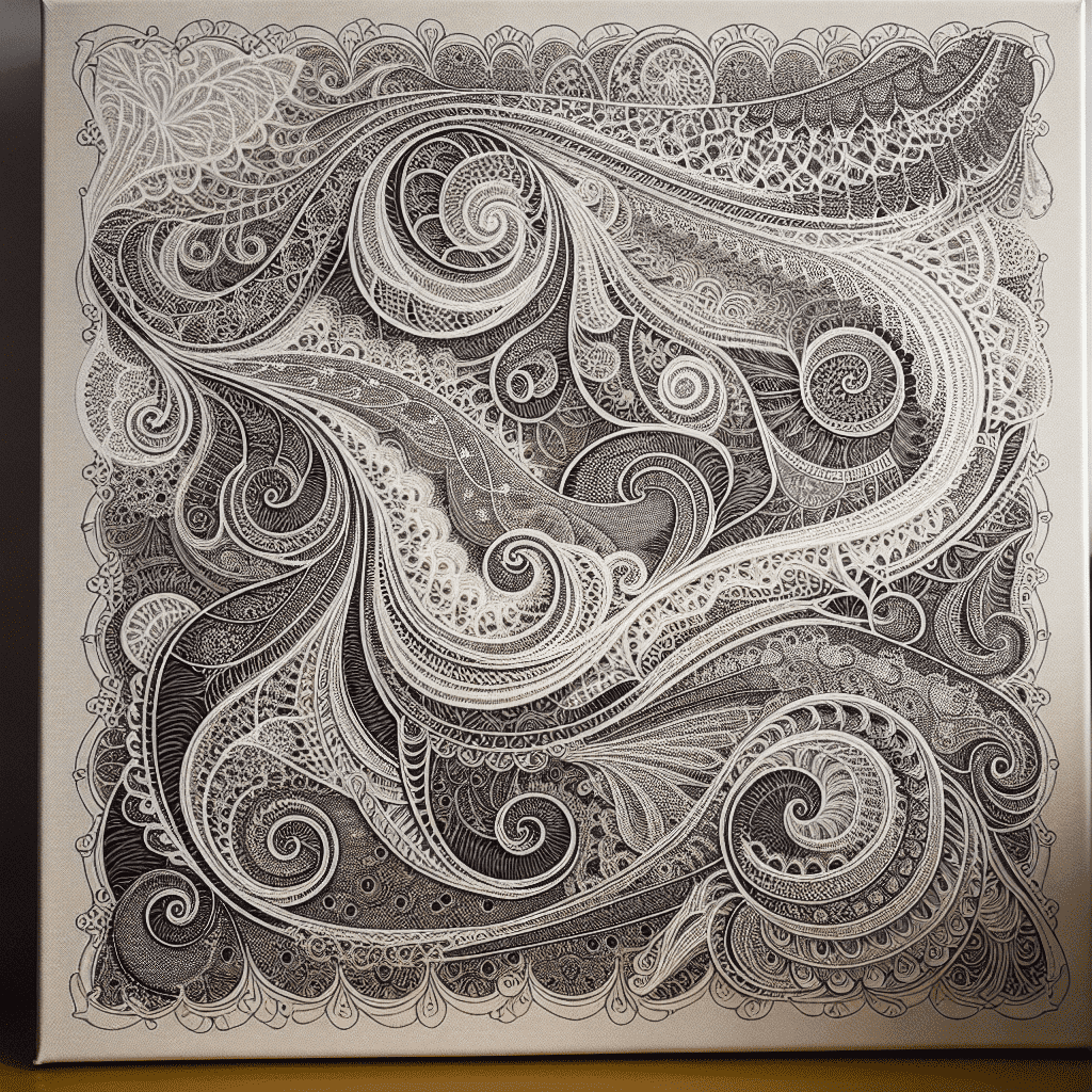 A black and white intricate doodle art with swirling patterns and detailed line work, displayed on a canvas.