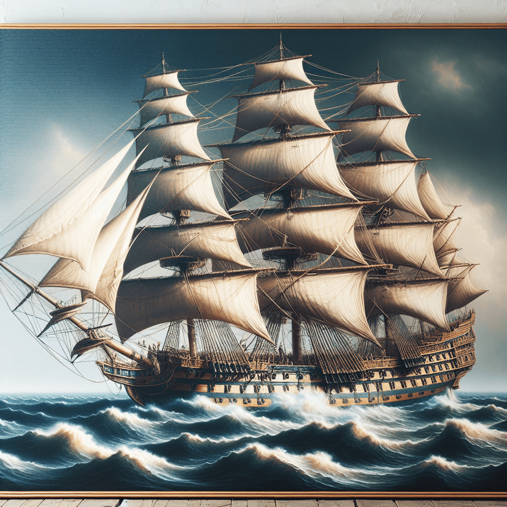 Alt text: A detailed painting of a majestic sailing ship with multiple masts and fully unfurled sails navigating choppy ocean waves under a cloudy sky.