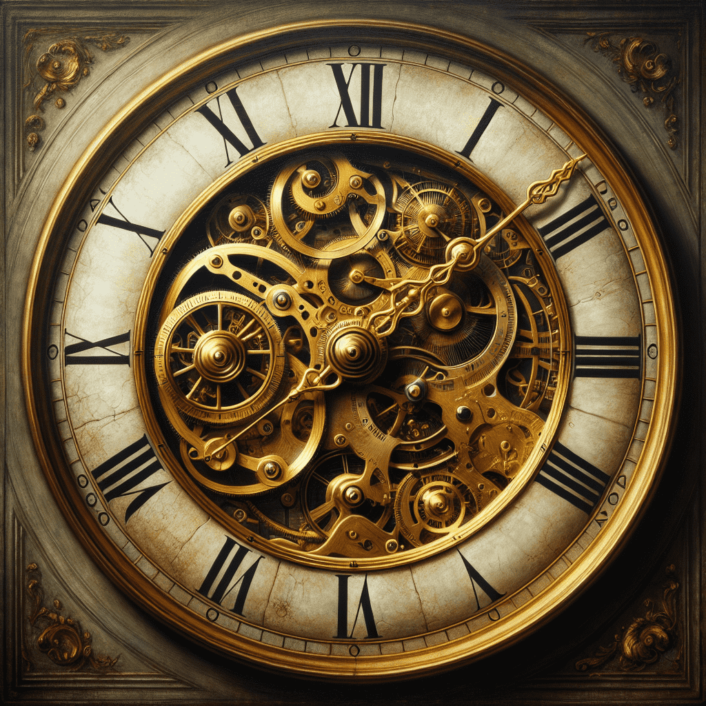 A close-up image of an intricate antique clock face with visible gears and mechanical parts, set against a dark background with Roman numerals and ornate decorative elements.
