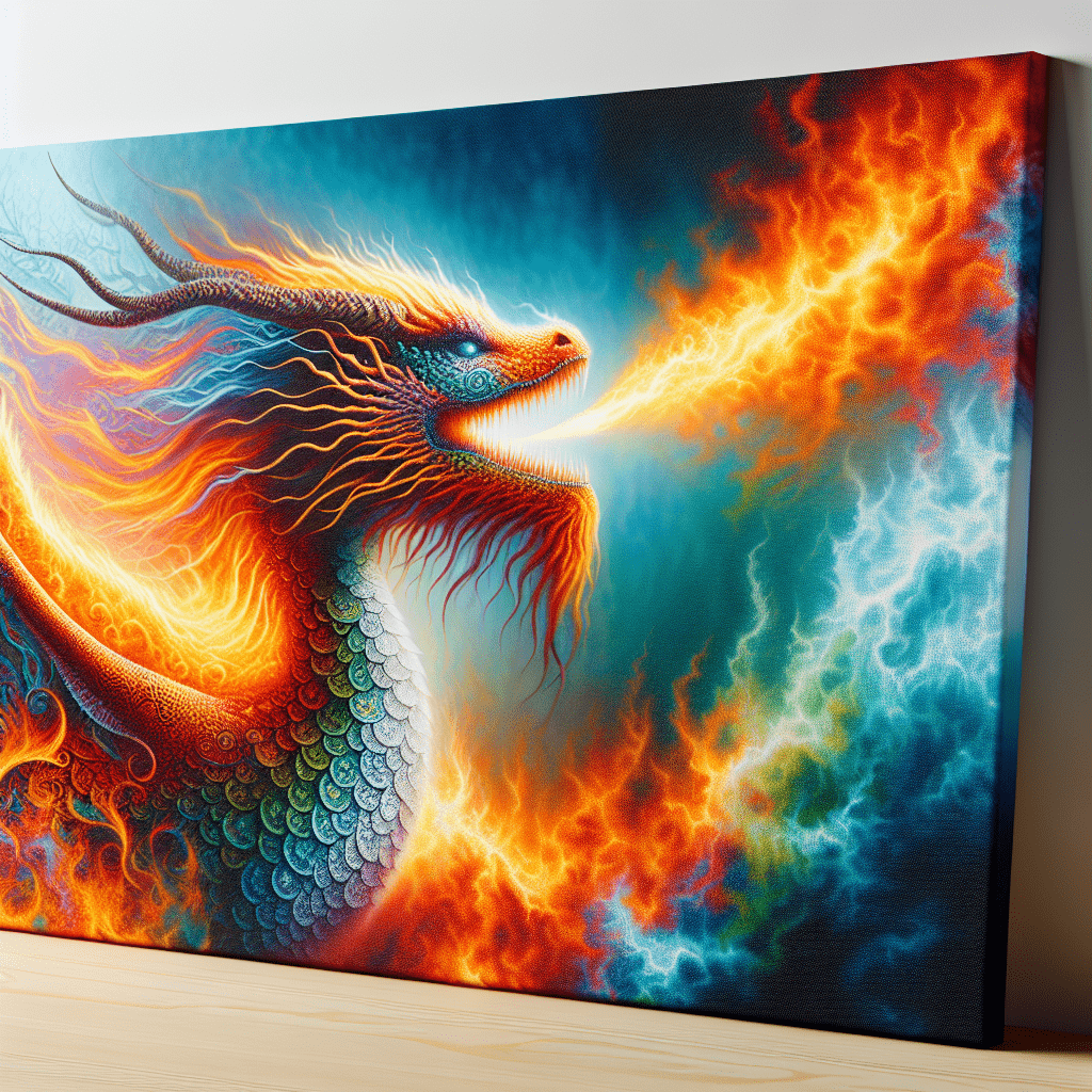 Colorful artwork of a mythical dragon breathing fire displayed on a canvas.