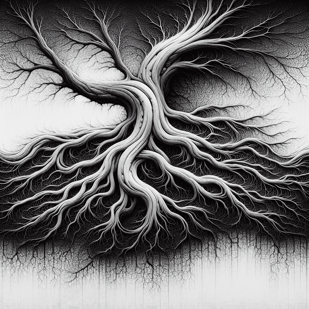 A highly detailed black and white illustration of a symmetric tree with intricate roots and branches intertwined, resembling a set of lungs.
