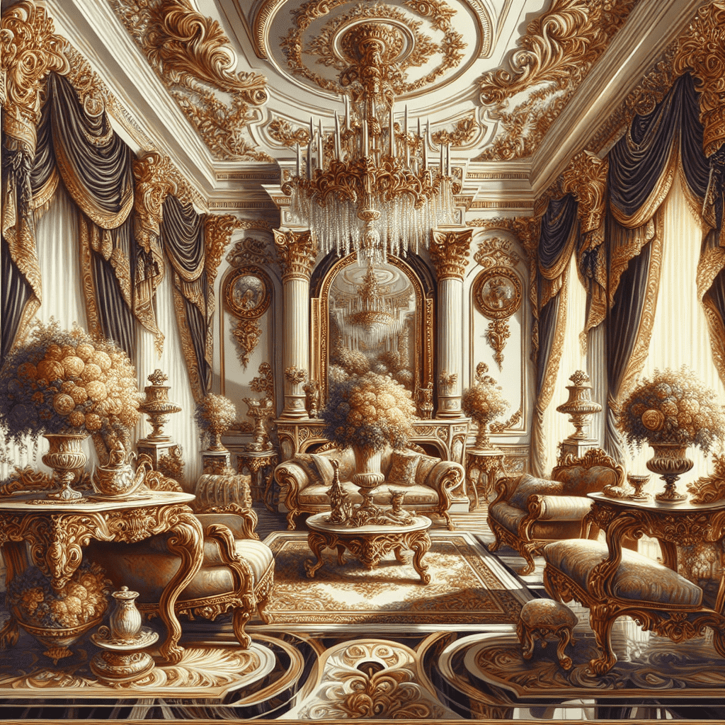 Opulent baroque-style interior with ornate furniture, heavy drapery, and an elaborate chandelier.