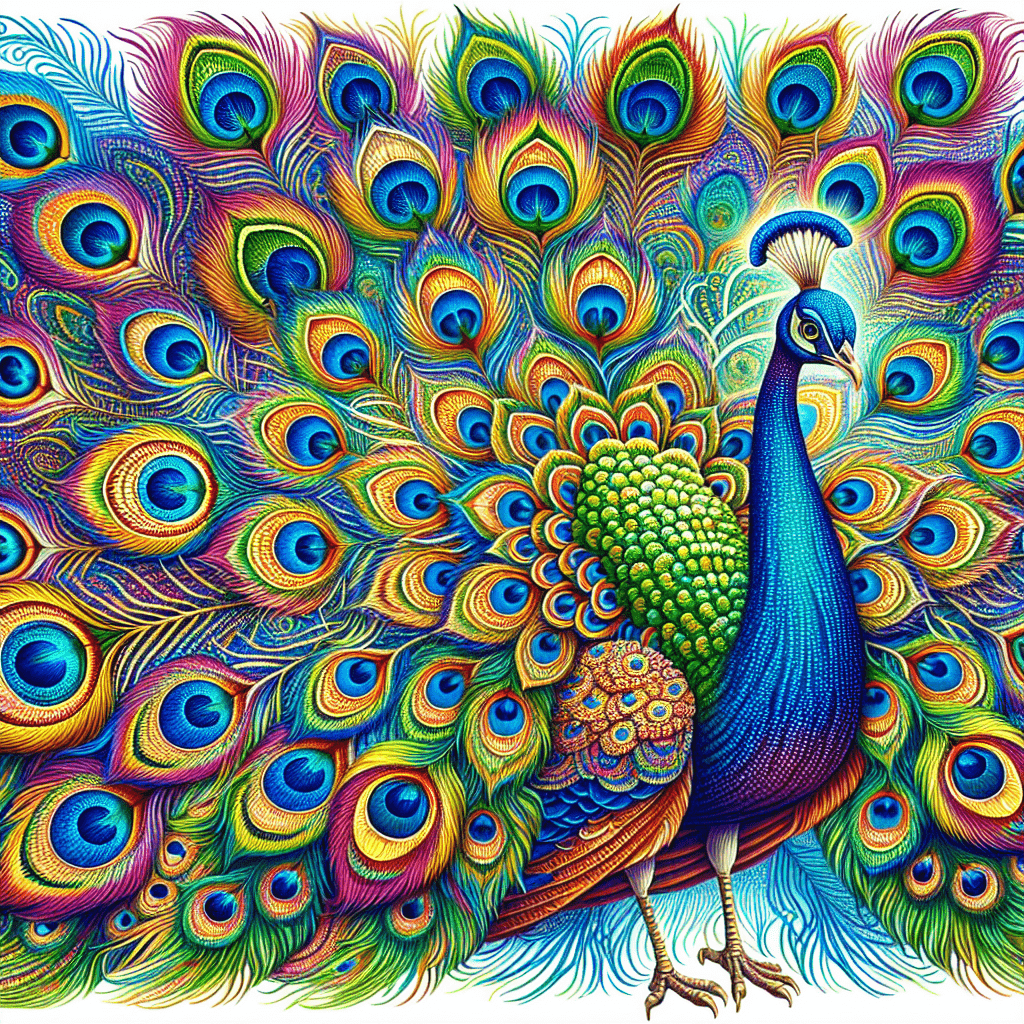 A vividly colored illustration of a peacock with a full display of its expansive and intricate tail feathers, featuring vibrant shades of blue, green, and gold.